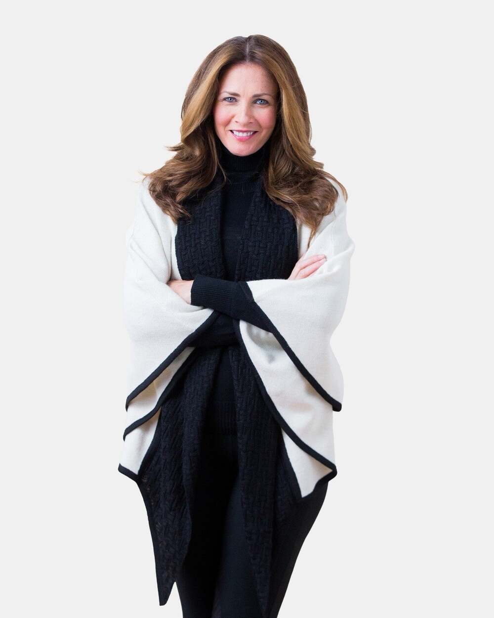 Simply Natural Women's Poncho 100% Baby Alpaca Cape Doris Ivory Black $349 OS